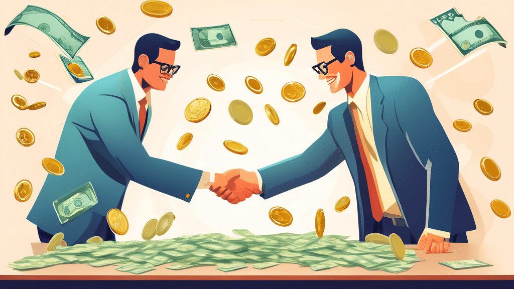 Create an image depicting a business transaction scenario where clear and transparent flows of money are illustrated. Show two individuals shaking hands over a table, with coins and banknotes visibly