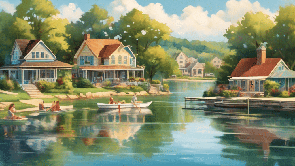 Create an image showcasing a picturesque lakeside town in Oklahoma, featuring serene waters, lush greenery, and charming homes along the shoreline. The scene should depict a sunny day with people enga