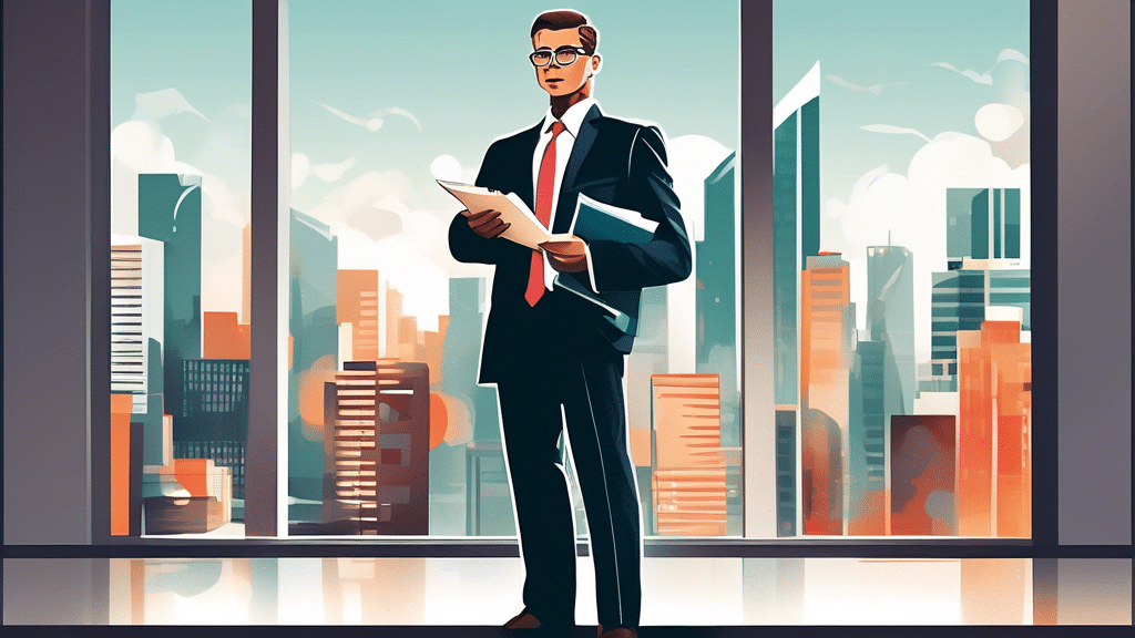 A confident, seasoned industry expert in a sharp business suit, standing against a sleek office backdrop with modern cityscape views, holding a document labeled 'Priority Capital Advisory.' The scene