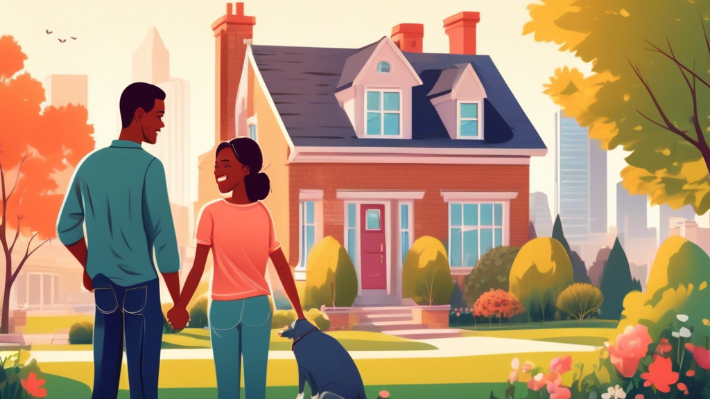 Create an illustration of a young couple standing in front of a charming, modest house with a Sold sign on the lawn. The couple is holding a key and smiling, symbolizing the achievement of homeownersh