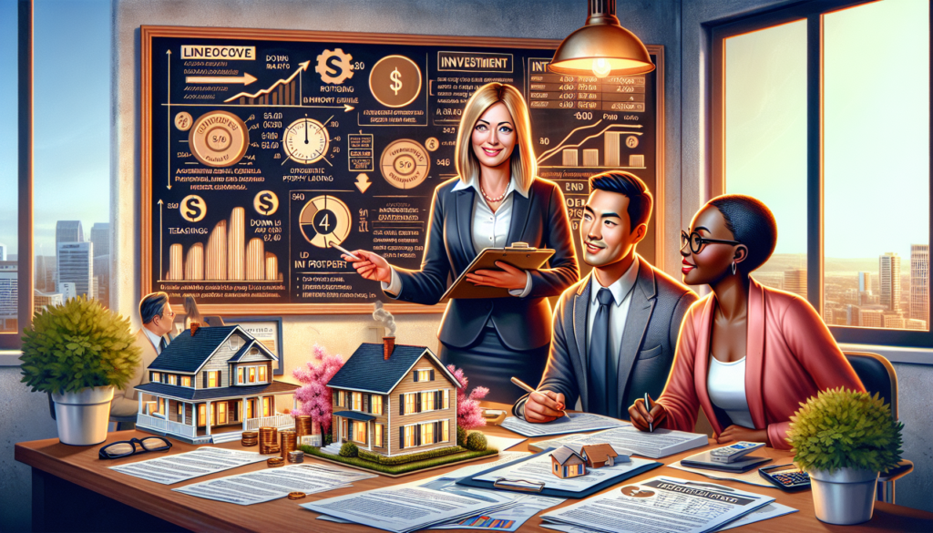 Create an illustration depicting a friendly financial advisor guiding a young couple through the complexities of investment property loans. The scene should include visual elements like a chalkboard with key terms (e.g., interest rates, down payment, mortgage), a house model, and documents. The background can show a cozy office setting with financial charts and brochures about property investment to emphasize the educational and advisory nature of the scene.
