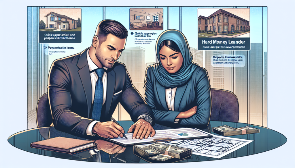 Create a detailed illustration of a professional hard money lender in a business setting, discussing loan options with a client over blueprints and property investment documents. The scene should depict elements of real estate, such as property photos and architectural drawings, to reflect the focus on quick approval and short-term loans for real estate investments.