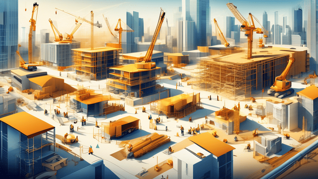 Create a detailed illustration of a bustling modern construction site with various stages of home construction, showcasing cranes, workers, and advanced building technologies. Surrounding the site, in